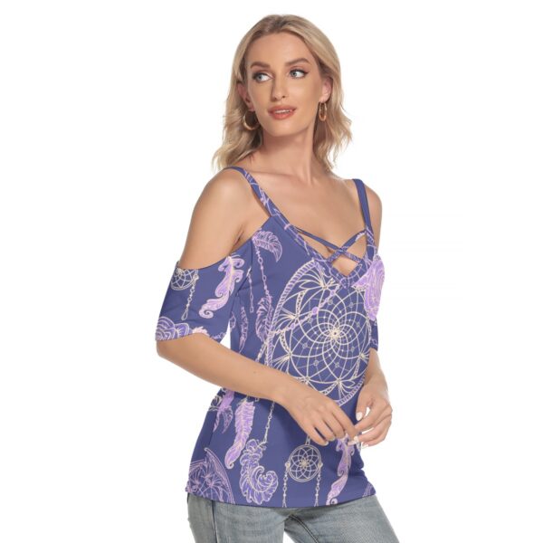 Dream Catcher Women's Cold Shoulder T-shirt With Criss Cross Strips - Image 2
