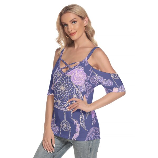 Dream Catcher Women's Cold Shoulder T-shirt With Criss Cross Strips - Image 3